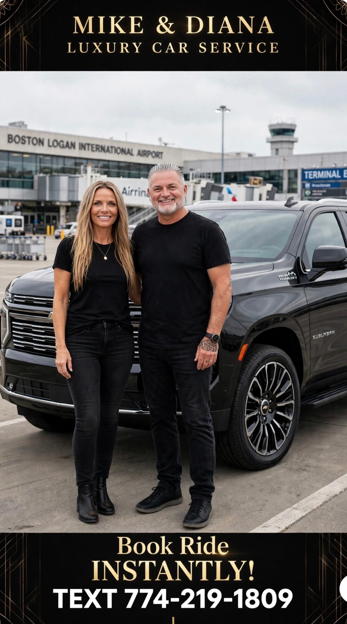 Mike & Diana with their Chevy Suburban luxury SUV — the flagship vehicle for every ride
